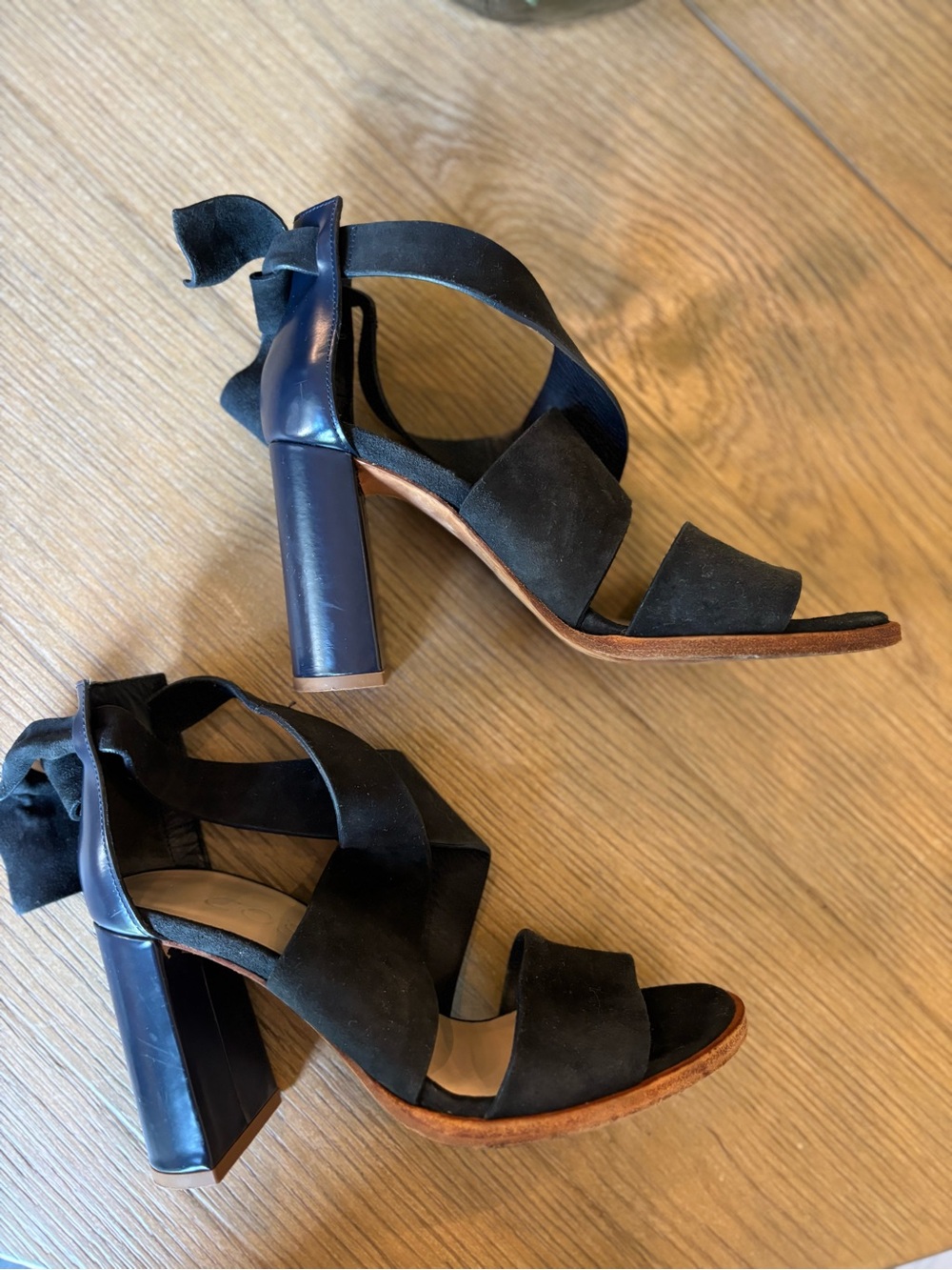 COS Navy Crisscross Tie Back Suede Sandals with Navy Block Heel